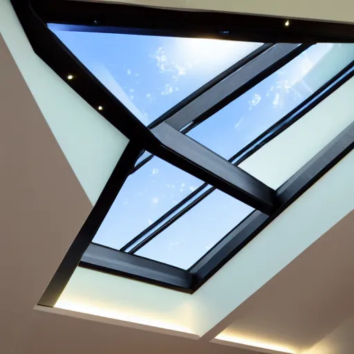 Prompt: looking up at roof skylight with led strip light surround, realistic, photography, home and garden, houzz, highly detailed, 8k,