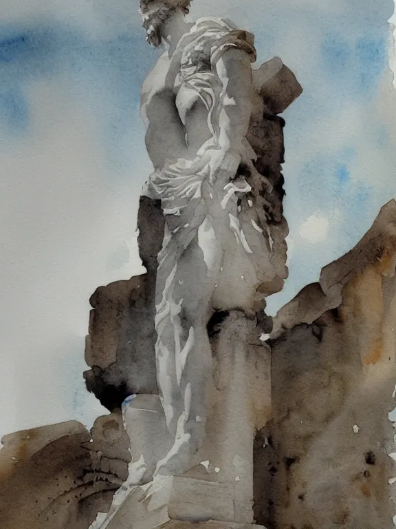 Prompt: abstract watercolor painting of roman god monument, in stone and marble, magical and traditional, cinematic light, national romanticism by anders zorn