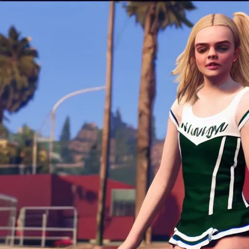 Image similar to Elle Fanning wearing a cheerleader outfit in GTA 5.