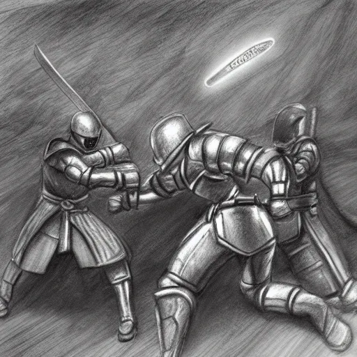 Image similar to hero fighting against two swordsmen in the middle of an arena, pencil art, added detail, high definiton