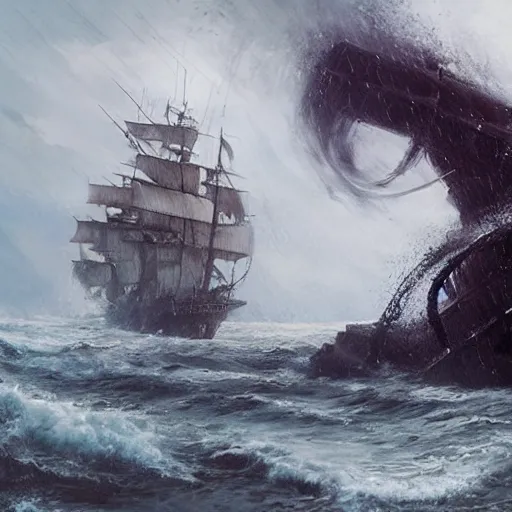 Prompt: a giant tentacle monster taking down a pirate ship , waves splashing , rain , by Greg rutkowski