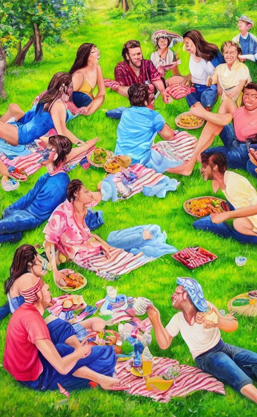 Prompt: an beautiful detailed painting of a personal moment in the life of the artist. the painting depicts the artist's family members and friends enjoying a picnic together. vibrant colors, funny, personal, positive, visually pleasing, engaging. high resolution. high quality. photorealistic. hq hd. 8 k. trending on artstation. group of friends laughing. award winning