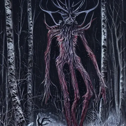 Image similar to cloaked humanoid wendigo feasting on a bloody dear, nighttime located in a snowy dark forest, lurking horror, forboding, high detail, oil painting, style of seb mckinnon