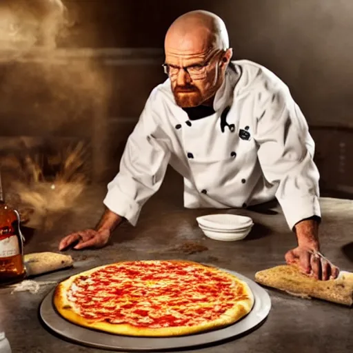 Image similar to walter white making pizza!!! margherita! with a blowtorch!! in the desert, dramatic lighting, movie poster