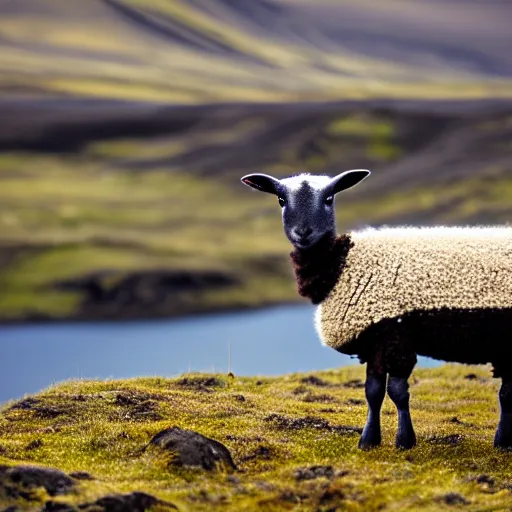 Image similar to a lamb standing on 2 legs wearing a sweater staring at the camera, bokeh, iceland hills in the background