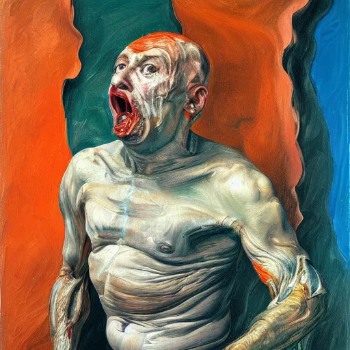 Image similar to high quality high detail painting of a man in agony by lucian freud and edward hopper and jenny saville and francis bacon, hd, dark demonic dancer, turquoise and orange