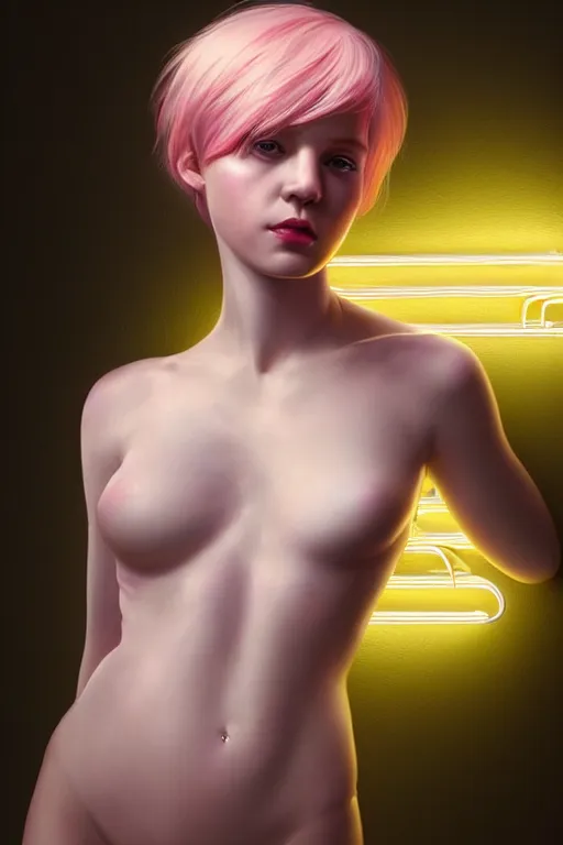 Image similar to Portrait of a beautiful pale skin Nordic female with short pink hair, elegant, photorealistic, highly detailed, artstation, smooth, sharp focus, gold ornaments, neon lighting, sci-fi, art by Klimt.