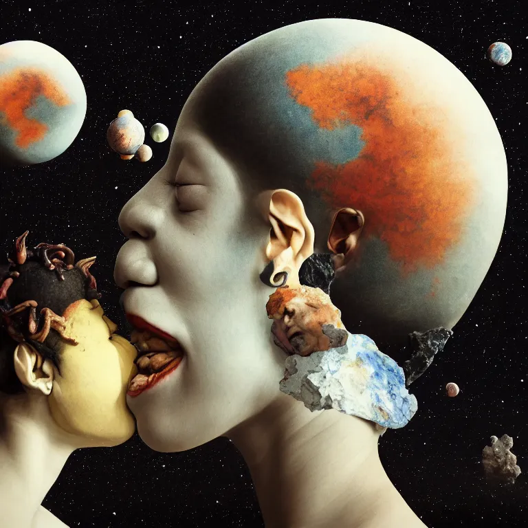 Image similar to paper collage by annegret soltau of two buddhist demons kissing each other in wastelands on white exoplanet at night, baroque portrait painting, beautiful intricate insanely detailed octane render, artstation, 8 k artistic harsh flash photography, photorealistic, volumetric perfect light, chiaroscuro, raphael, caravaggio, beksinski, rutkowski, giger