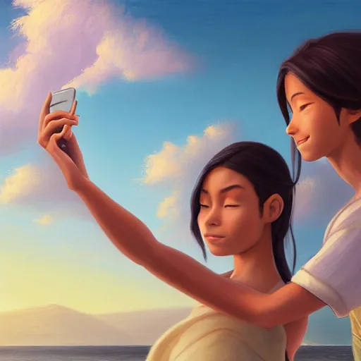 Prompt: beautiful serene intricate portrait of katara and toph taking a selfie, smiling softly, relaxing on the beach, golden hour, soft focus, 8 k, art by irakli nadar, hyperrealism, hyperdetailed, ultra realistic