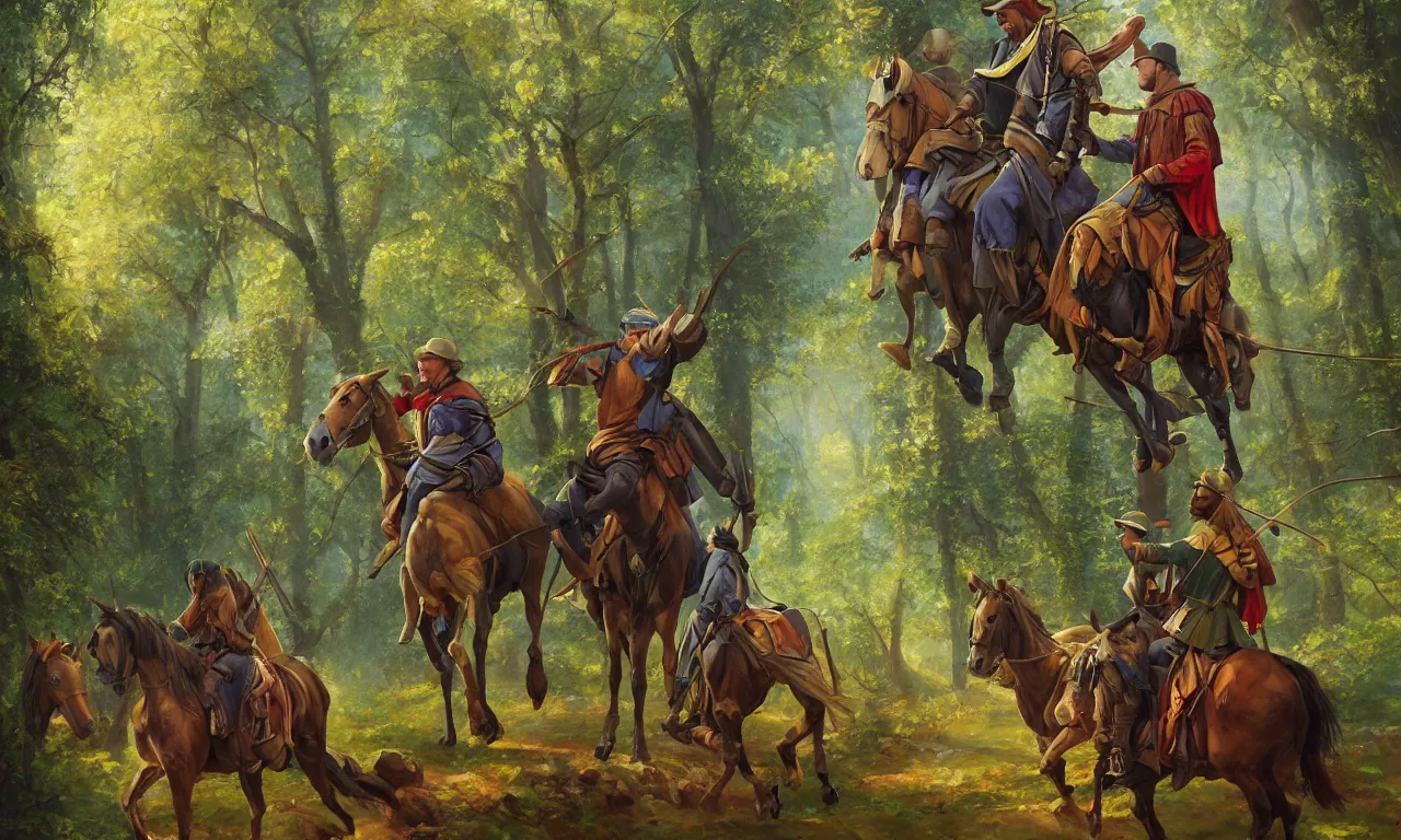 Prompt: A painterly semirealistic and beautifully styled acrylic painting of a beautiful forest in Spring, three medieval men on their horses wearing colorful medieval clothes, digital art by Tim Hildebrandt Julie Dillon and Kenne Gregoire, award-winning masterpiece, trending on ArtStation