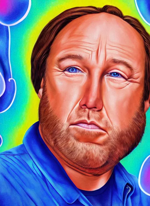 Image similar to photograph ultra realistic portrait of discheveled alex jones by lisa frank