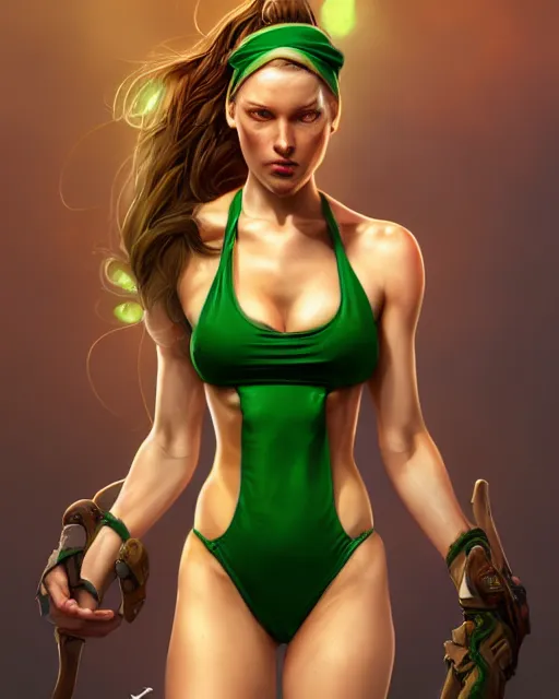 Prompt: play of the game of cammy wearing green bikini, perfect face, brown hair, abs, cinematic, stunning, cute, adorable, strong, highly detailed, long gorgeous hair filling the frame, psychedelic, digital painting, artstation, smooth, hard focus, illustration, art by jessica rossier and brian froud,