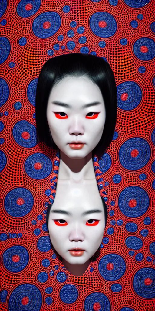 Image similar to hyperrealistic detailed image of a geisha in a art installation room, hd smooth interior by yayoi kusama, part by kei mieno, part by ross tran, dark art by james jean, ultra realistic, highly detailed, life like face, detailed body, 8 k, 3 d render by roger magrini, very cohesive, masterpiece