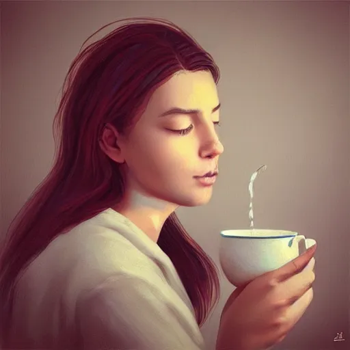 Image similar to “A girl drinking tea, photorealism, trending on Artstation”