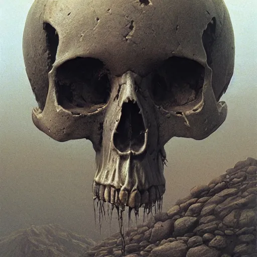 Image similar to post apocalyptic skull on top of the mountain of bones by zdzisław beksinski, digital art, award winning, trending on artstation, digital art. highly detailed 8 k. intricate. lifelike. soft light,