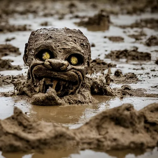 Prompt: something dead and rotten and grinning clawing its way through the mud, eyes bulging grotesquely, horror, photography