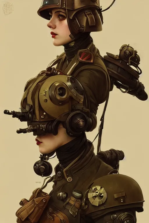 Image similar to dieselpunk soldier girl, helmet, shoulders, chest, portrait, armored, highly detailed, sharp focus, art, illustrations by wlop and alfons maria mucha and irakli nadar and loish and rossdraws