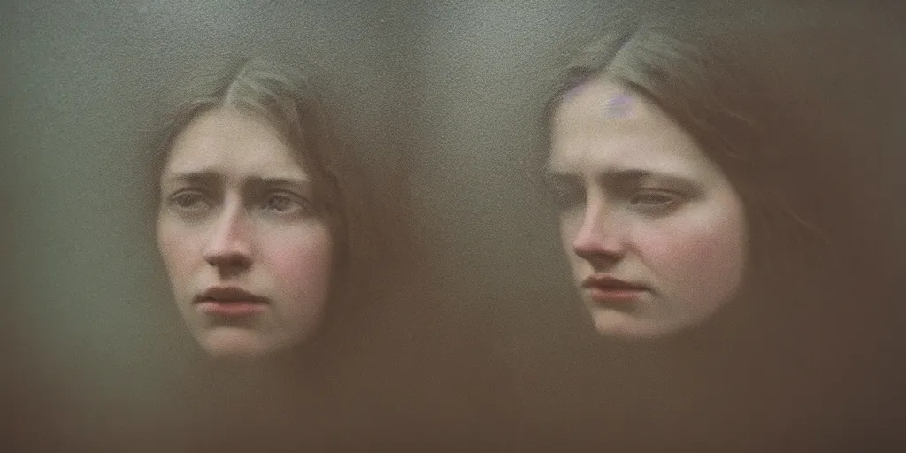 Image similar to portrait bust of young woman, solemn expression, faded color film, russian cinema, tarkovsky, kodachrome, old cabin, next to window, heavy forest outside, long brown hair, old clothing, heavy fog, hudson river school, 4 k, dramatic lighting, greg rutkowski
