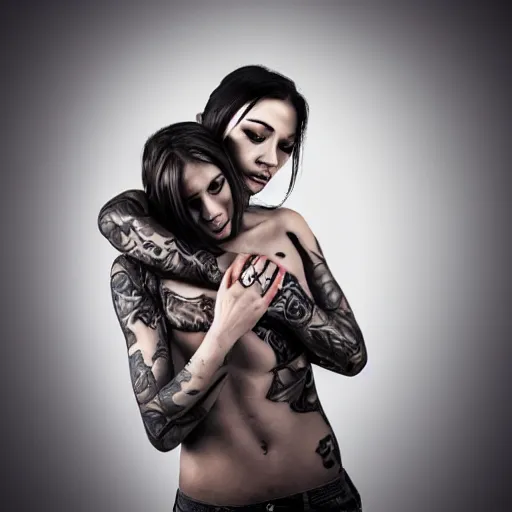 Image similar to Hot young woman, grey skin, tattoos, wearing leather and hugging a shrouded figure digital art