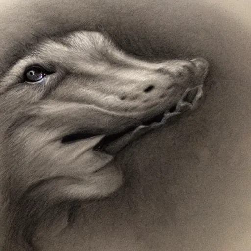 Image similar to Pencil sketch of a man's face emerging from a wolfs mouth, detailed, trending