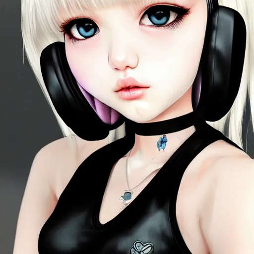 Prompt: realistic detailed semirealism beautiful gorgeous cute Blackpink Lalisa Manoban white hair white cat ears blue eyes, wearing black camisole maid outfit, headphones, black leather choker full HD 4K high resolution quality WLOP, Aztodio, Taejune Kim, Guweiz, Pixiv, Instagram, Artstation