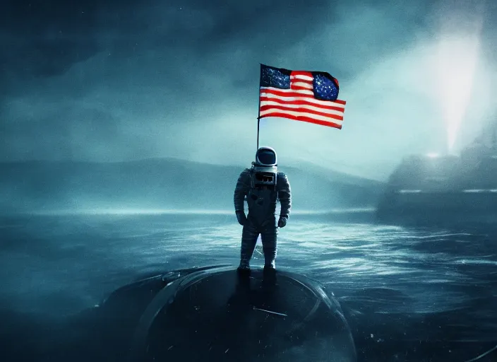 Prompt: astronaut holding a flag in an underwater desert. a submarine is visible in the distance. dark, concept art, cinematic, dramatic, atmospheric, 8 k, trending on artstation, blue, fish, low visibility, fog, ocean floor, christopher nolan, interstellar