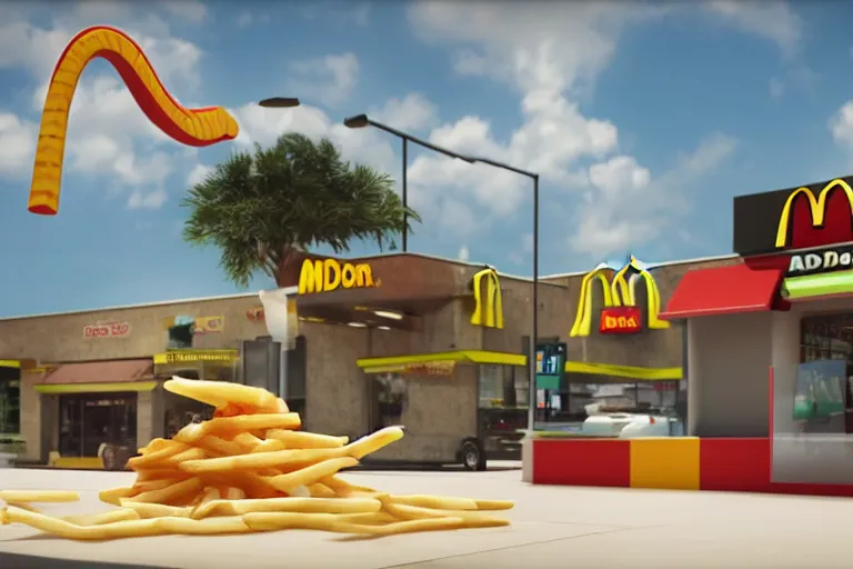 Image similar to a mc donalds commercial with a 3d snake spitting french fries, commercial, 3d render, Mc donalds, 4k, sharp, by Beeple, Octane Render, cinema 4d