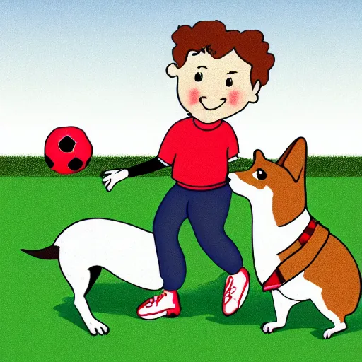 Image similar to illustration of french boy in paris playing football against a corgi, the dog is wearing a polka dot scarf