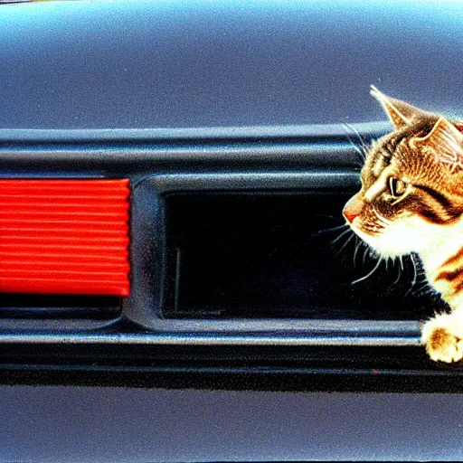Image similar to toyota supra with a window sticker of a cat smoking a cigar, 1980s picture, 4k, hd, film grain