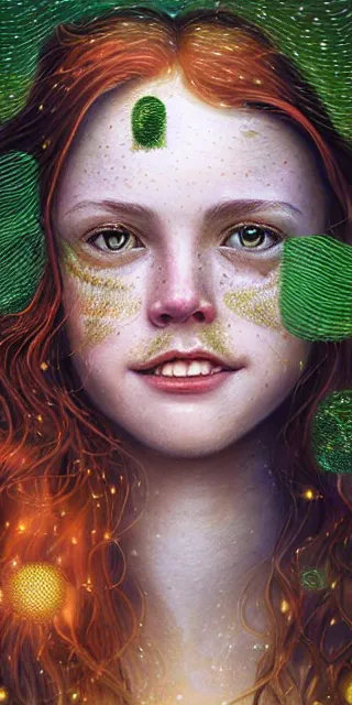 Image similar to infp young woman, smiling amazed, golden fireflies lights, sitting in the midst of nature fully covered, long loose red hair, intricate linework, green eyes, small nose with freckles, oval shape face, realistic, expressive emotions, dramatic lights mystical scene, hyper realistic ultrafine art by michael cheval, jessica rossier, boris vallejo, artgerm