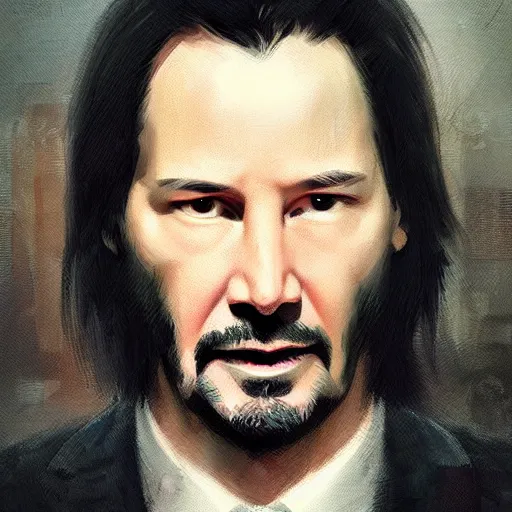 Prompt: keanu reeves as a square headed robot, closeup portrait by greg rutkowski, realistic face, digital art,