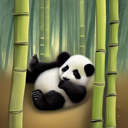 Image similar to A baby panda sleeping in a bamboo forest ,it is raining, night time , peaceful atmosphere, moody lighting , digital art , highly detailed , high contrast, beautiful lighting, award winning , trending on art station, photorealistic, 8k