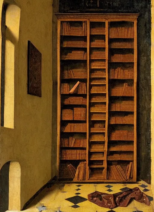 Image similar to bookshelf with books, medieval painting by jan van eyck, johannes vermeer, florence