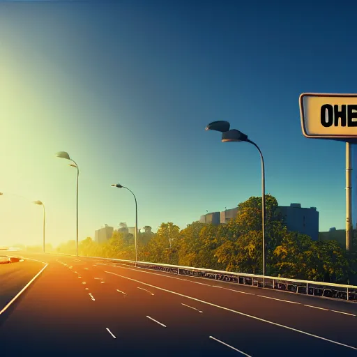 Image similar to of a advertisement with a scene of a highway with words written on the road in front of the viewer, occlusion shadow, specular reflection, rim light, unreal engine, octane render, artstation, high quality, intricate detailed 8 k, sunny day