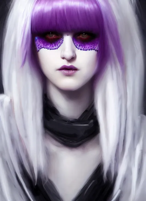 Image similar to portrait of white teenage girl, normal face, white bangs, mall goth, cyberlox, black and white hair, bangs, fluffy bangs, red contact lenses, purple lipstick, intricate, elegant, highly detailed, digital painting, artstation, concept art, sharp focus, smooth, illustration, art by wlop, mars ravelo and greg rutkowski