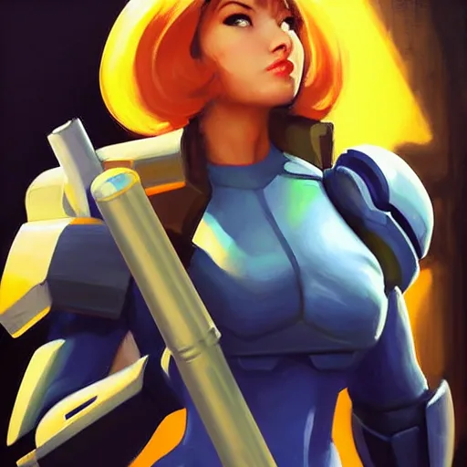 Prompt: Greg Manchess portrait painting of Samus Aran as Overwatch character smoking a cigarette, medium shot, asymmetrical, profile picture, Organic Painting, sunny day, Matte Painting, bold shapes, hard edges, street art, trending on artstation, by Huang Guangjian and Gil Elvgren and Sachin Teng