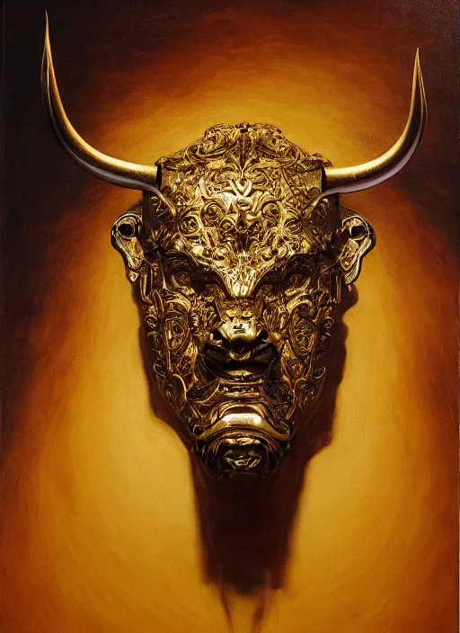 Image similar to highly detailed oil painting | very intricate | cinematic lighting | award - winning | the bull mask by alexander mcqueen, 9 0 mm | by roberto ferri, by leng jun, by j. c. leyendecker and klimt, american romanticism, by austin osman spare, artstation, cgsociety, official art, octane