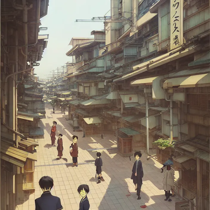 Image similar to empty japanese city, spring, in the style of studio ghibli, j. c. leyendecker, greg rutkowski, artem