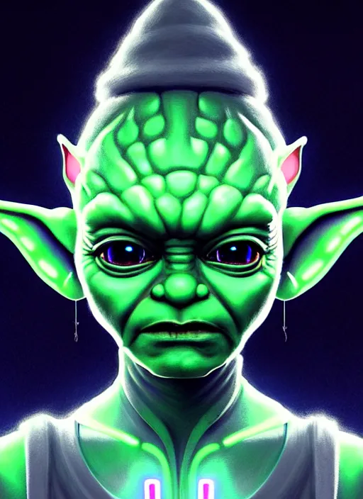 Image similar to portrait of baby yoda cyber humanoid, intricate, elegant, cyber neon lights, highly detailed, digital painting, artstation, glamor pose, concept art, smooth, sharp focus, illustration, art by artgerm and greg rutkowski