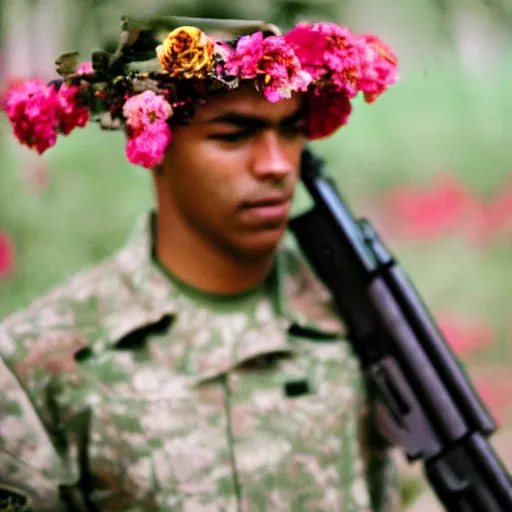 Prompt: close up kodak portra 4 0 0 photograph of a soldier in a flower crowd with ak - 4 7 in which the flowers after the battle standing in dark forest, flower crown, moody lighting, telephoto, blurry background, faded