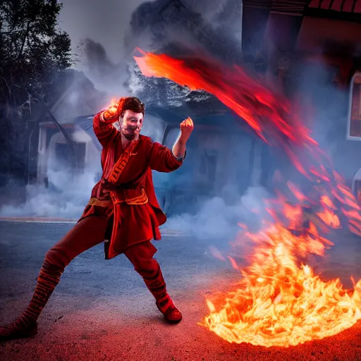 Image similar to a fire mage throwing fireballs at a house, realistic 8 k professional photography, midday lighting, defiant, octane, volumetric lighting, 7 0 mm,