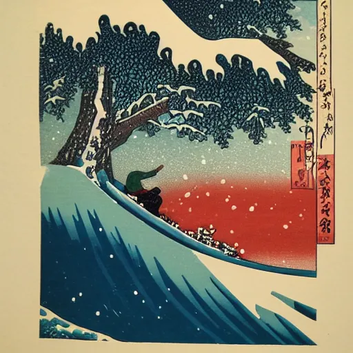 Image similar to man snowboarding snowing woodblock print, style of hokusai winter, fine art, style of kanagawa, painting