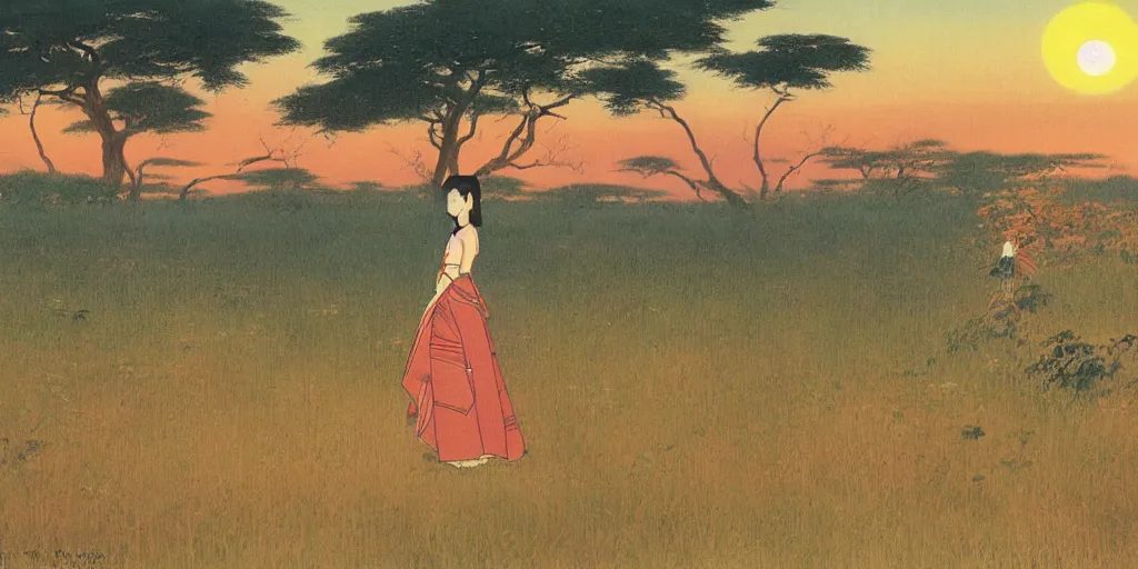 Image similar to painting of an anime girl in the savannah at golden hour by kitano tsunetomi, 1 9 3 9