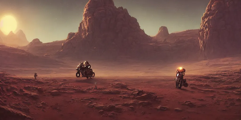 Prompt: american astronaut driving a motorcycle in mars, tribe members chasing, action scene, an epic fantasy, dramatic lighting, cinematic, establishing shot, extremely high detail, photorealistic, cinematic lighting, artstation, by simon stalenhag, horizon forbidden west