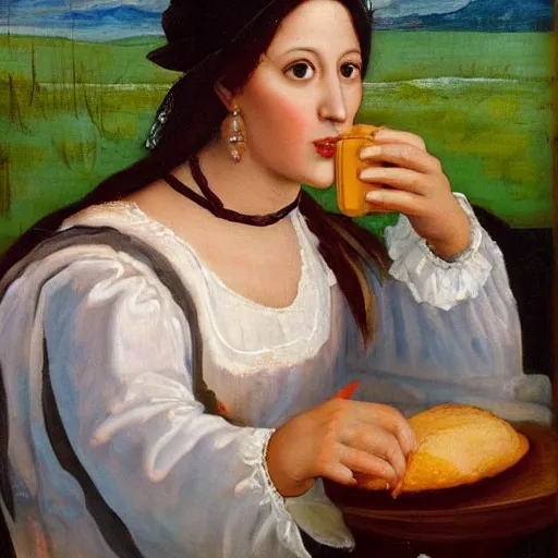 Image similar to A beautiful Jewish-Mexican woman peacefully sips a soda at a café at sunset with a plate of beignets before her, Renaissance oil painting