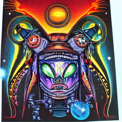 Image similar to alien robot shaman, talisman, prism, lowbrow surrealism