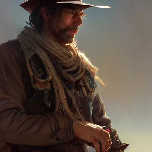 Image similar to a male rugged cowboy, bleeding, D&D, fantasy, intricate, elegant, highly detailed, digital painting, artstation, concept art, smooth, sharp focus, illustration, art by artgerm and greg rutkowski and alphonse mucha