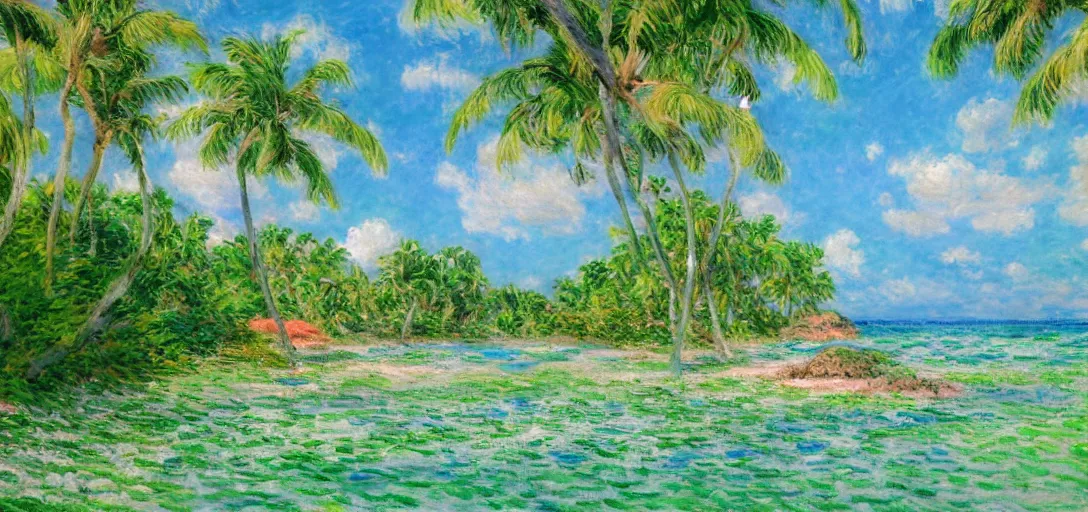 Prompt: beautiful tropical island beach, lush vegetation, white sand beach, tropic plants and flowers, clear water, establishing shot, concept art, artstation, thick oil painting, impasto, style by Claude Monet