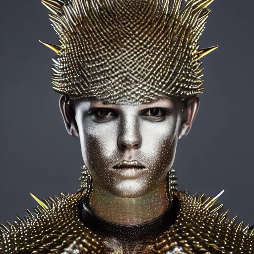 Prompt: a portrait of a beautiful young male wearing an alexander mcqueen armor made of holographic spikes , photographed by andrew thomas huang, artistic