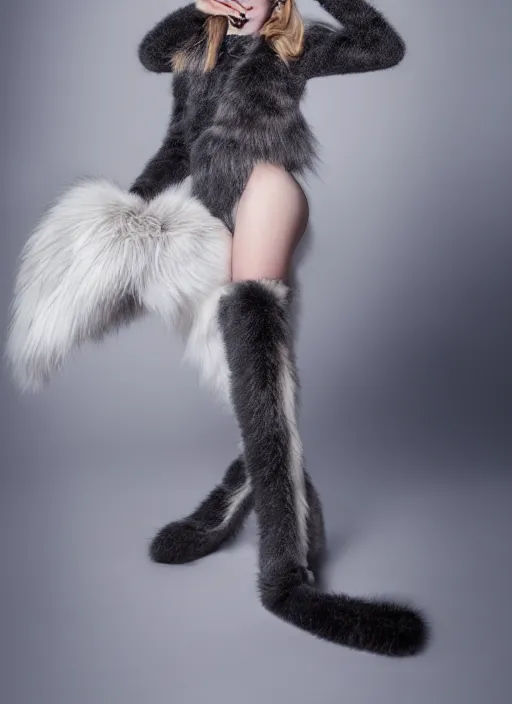 Image similar to full body environmental portrait photo of dressed catgirl anya taylor - joy, cat ears, fur, glamour shot by gemmy woud - binnendijk, chris knight, photorealistic, canon r 3, high fashion photography, elegant, luxury and elite, symmetry, octane render, unreal engine, solid dark grey background, dramatic studio lights, high fashion journal cover